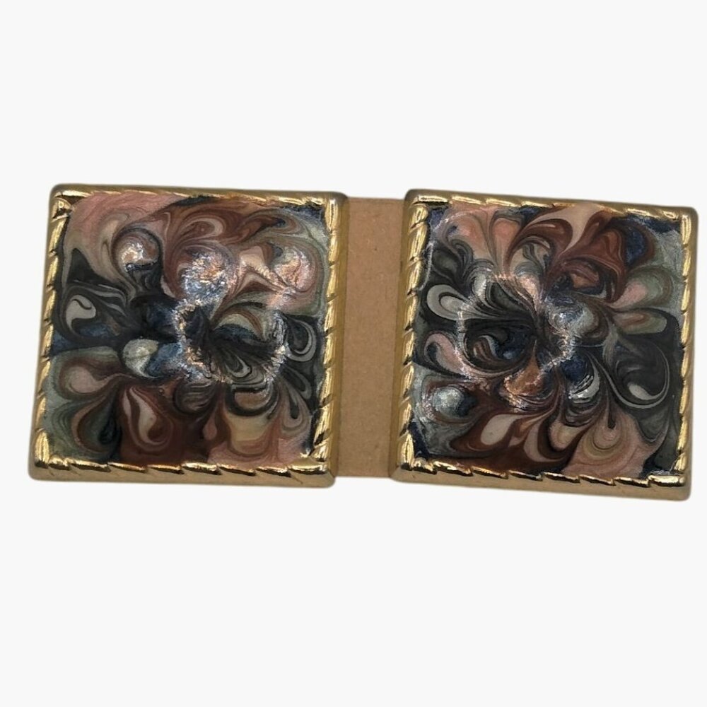 Enamel Square Pierced Earrings Abstract Cosmic Swirl Design Vintage Gold Toned